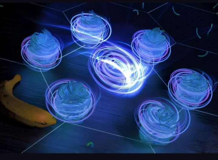 Using achiral hard banana-shaped particles to assemble skyrmions and blue phases